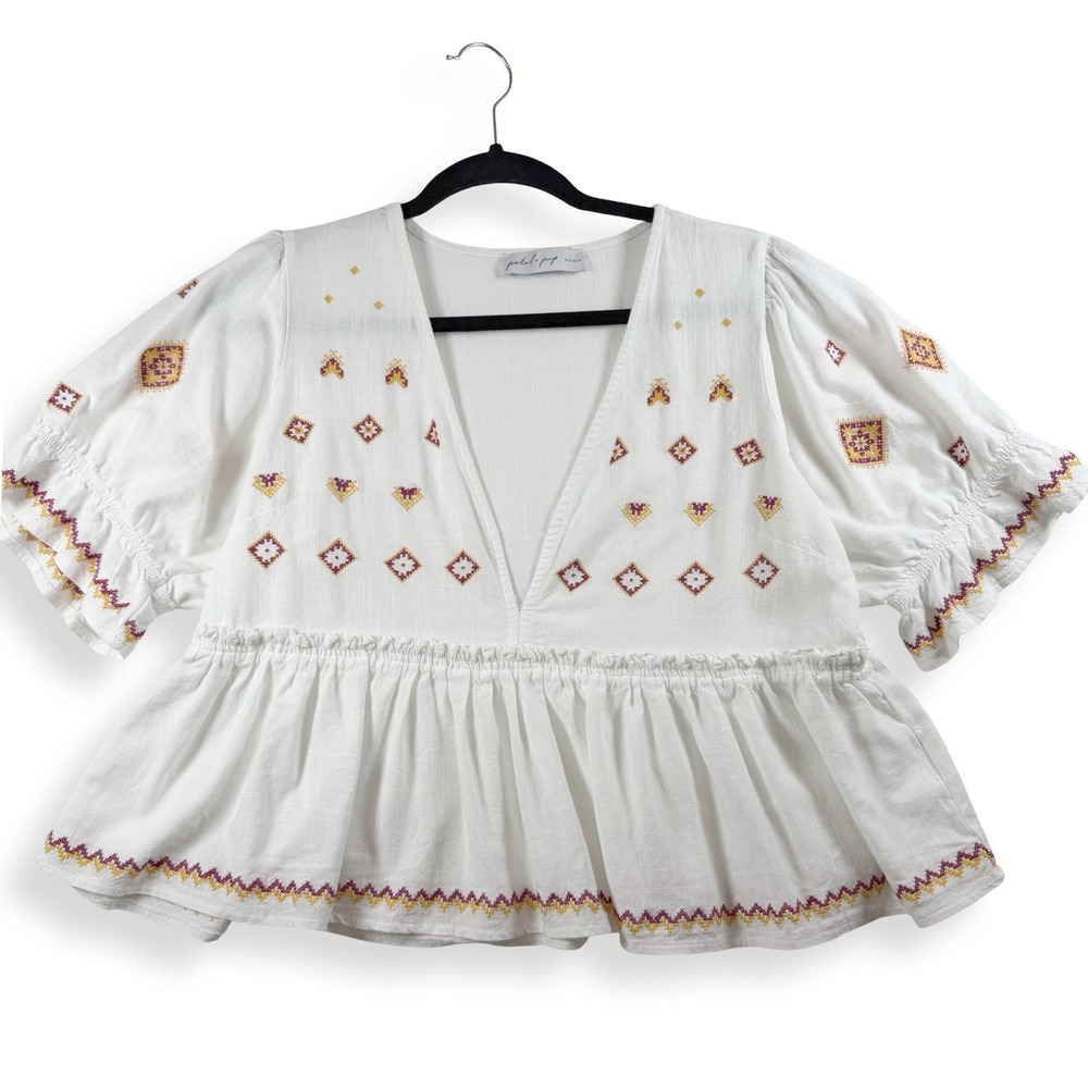 Petal + Pup Womens 10 White Embroidered Peplum Blouse Boho Cotton Linen Top